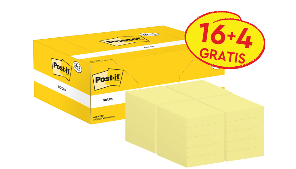 Post-it Bloc-notes adhésif, 51 x 38 mm, jaune, 16+4 gratuits