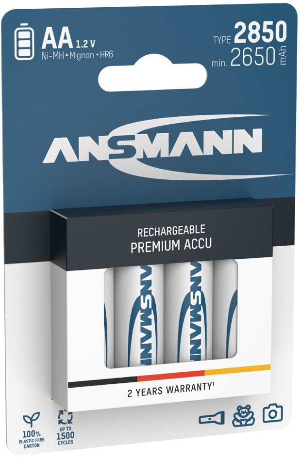 Piles rechargeables NiMH Mignon (AA), 2850 mAh, 4 pièces