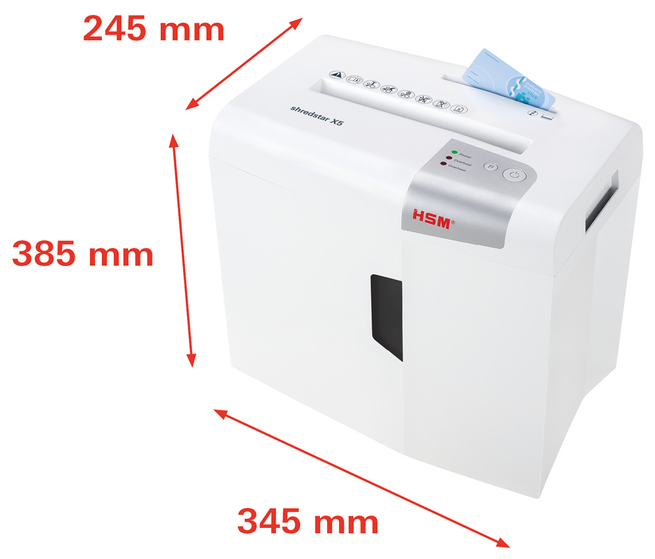 HSM Destructeur de documents shredstar X5, particules: particules 4,5 x 30 18 feuilles P-4/O-1/T-2/E-2/F-1 18 litres blanc / argent fiche Euro