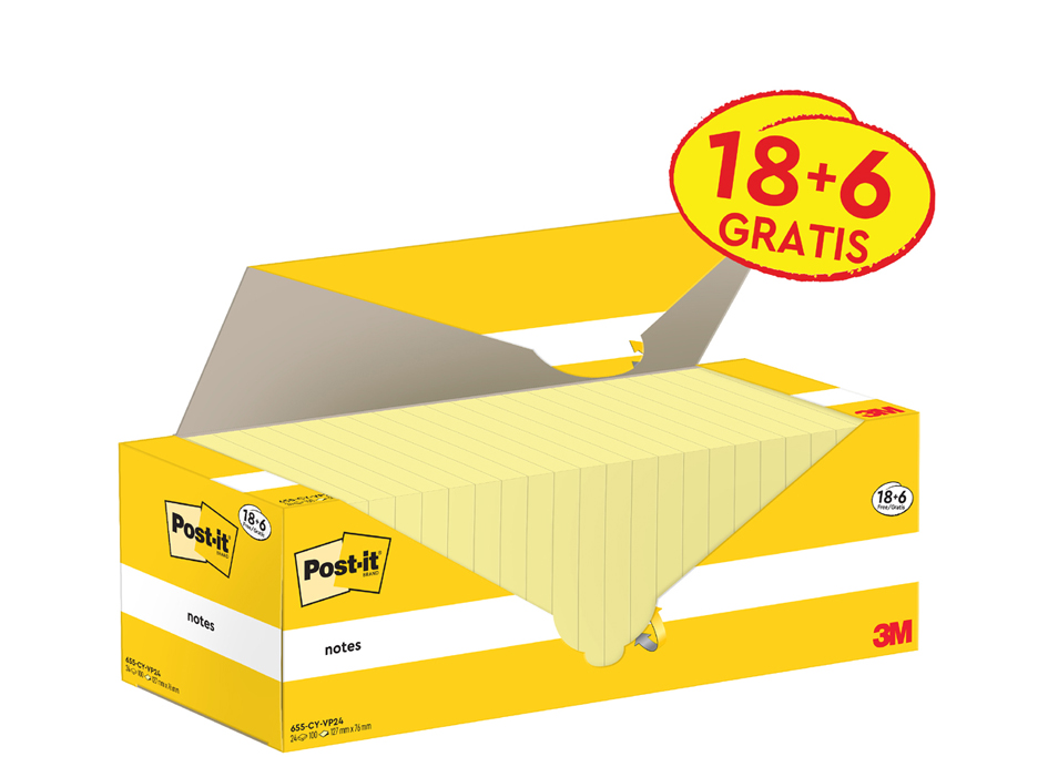 Post-it Bloc-notes adhésif, 127x76 mm, jaune, 18+6 gratuits