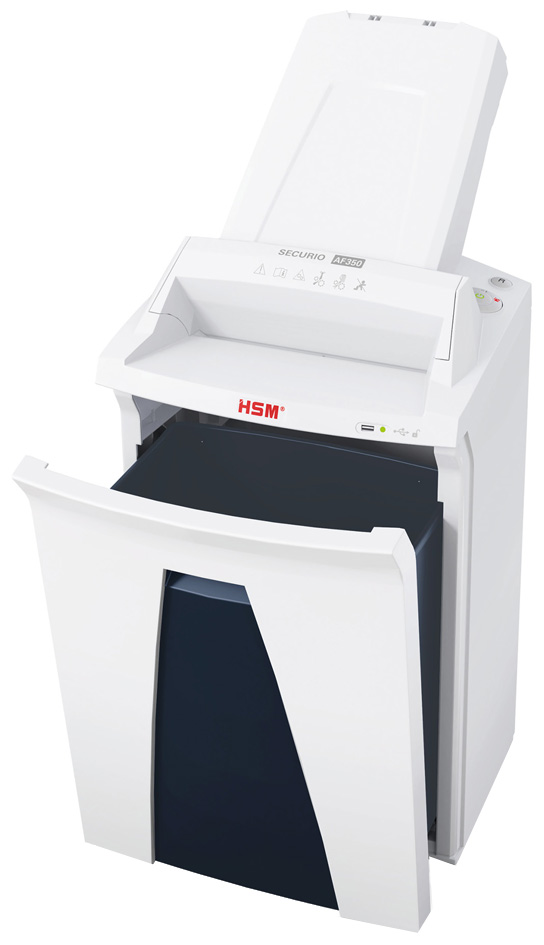 HSM Destructeur de documents SECURIO AF350, 4,5 x 30 mm particules 4,5 x 30 12-14 feuilles P-4 35 litres blanc fiche Euro