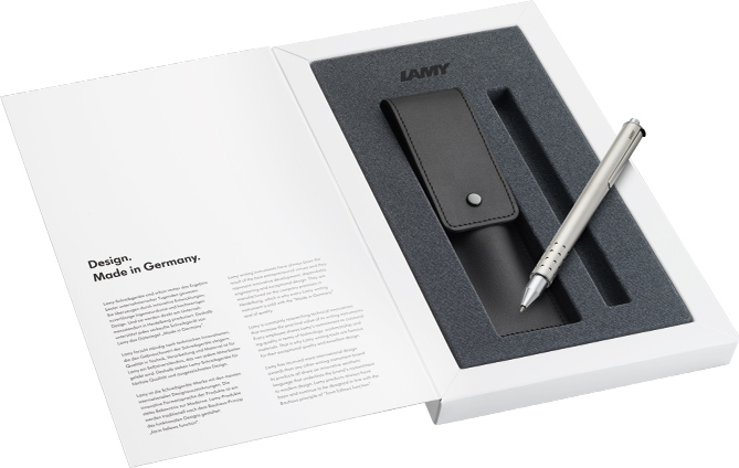 Set cadeau stylo roller LAMY swift palladium, avec Ã©tui en cuir, ouvert