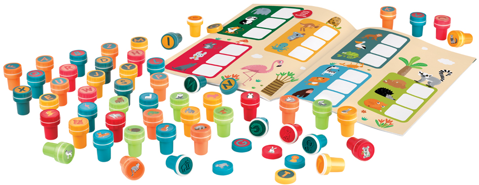 Coffret de 52 tampons "Lettres & Animaux", contenu
