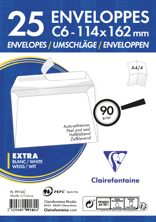 Enveloppes Adhéclair, C6, sans fenêtre