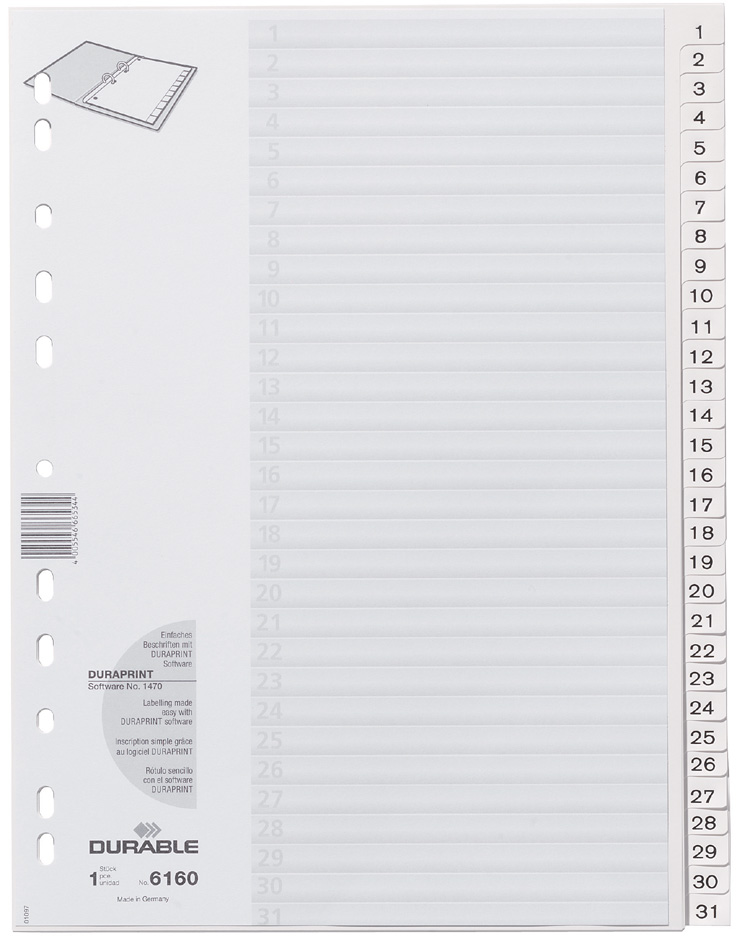 DURABLE Intercalaires en plastique, numérique, A4,31 touches