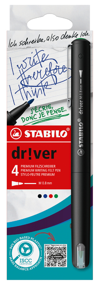 STABILO Feutre d'écriture dr!ver, medium, étui carton de 4