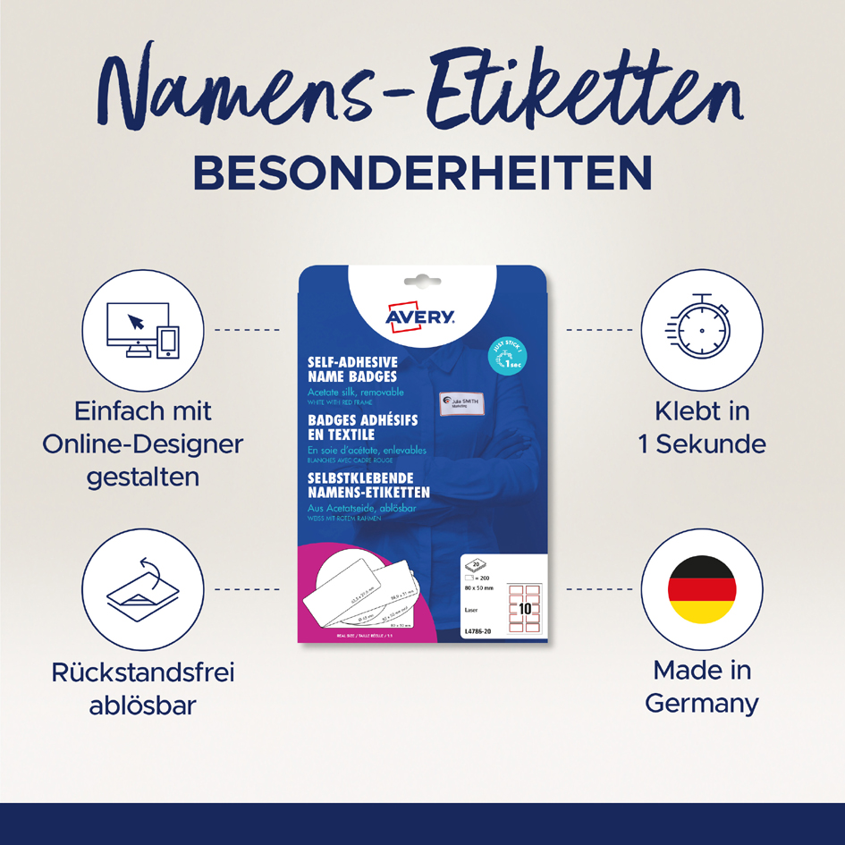 AVERY Zweckform Etiquettes pour badges, 80 x 50 mm, bleu imprimable (L)80 x (H)50 mm 200 pièces