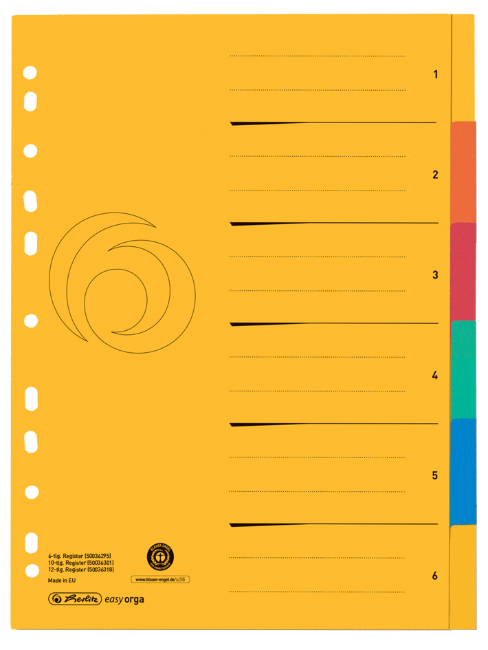 herlitz Intercalaire carton, A4 extra large, 6 touches, uni