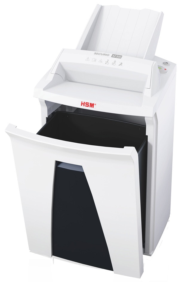 HSM Destructeur de documents SECURIO AF300, 4,5 x 30 mm particules 4,5 x 30 12-14 feuilles P-4 35 litres blanc fiche Euro