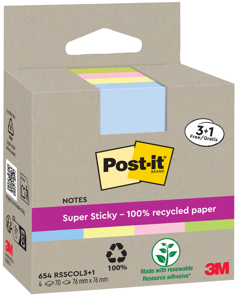 Bloc-notes adhésif super sticky Recycling notes, 76 x 76 mm (pack économique)