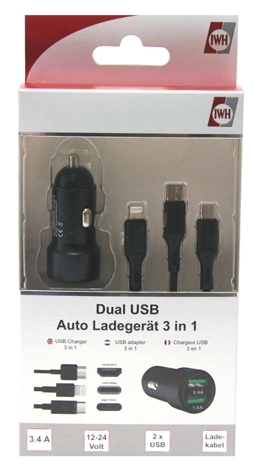 IWH Chargeur USB pour voiture '3EN1', 12/24 V, noir
