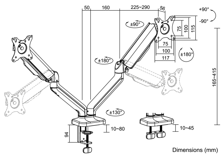Support double écran en aluminium - dimensions