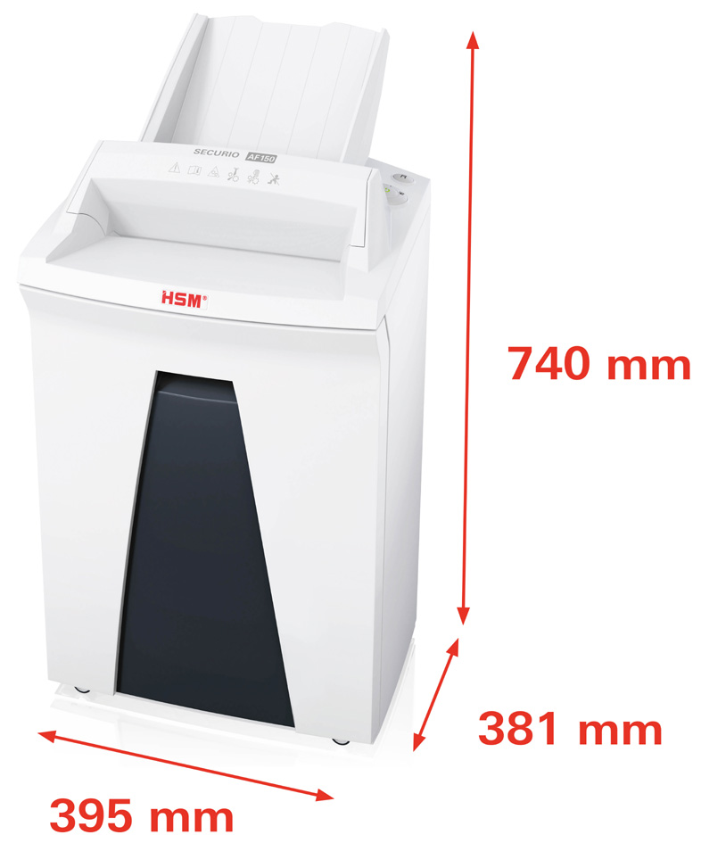 HSM Destructeur de documents SECURIO AF150, 0,78 x 11 mm, particules 0,78 x 11 5 feuilles P-6 / F-3 34 litres blanc fiche Euro