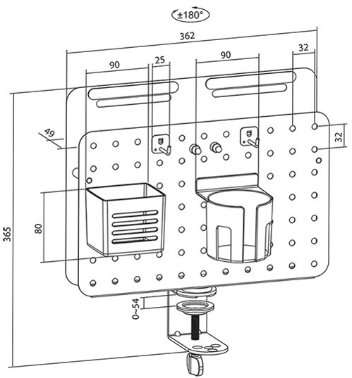 Organiseur de bureau avec panneau perforé, dimensions