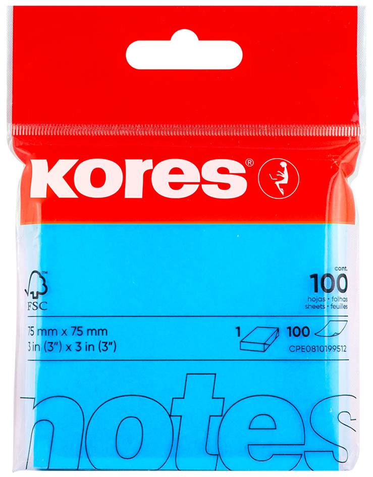 Kores Note adhésive 'NEON', 75 x 75 mm, uni, bleu fluo