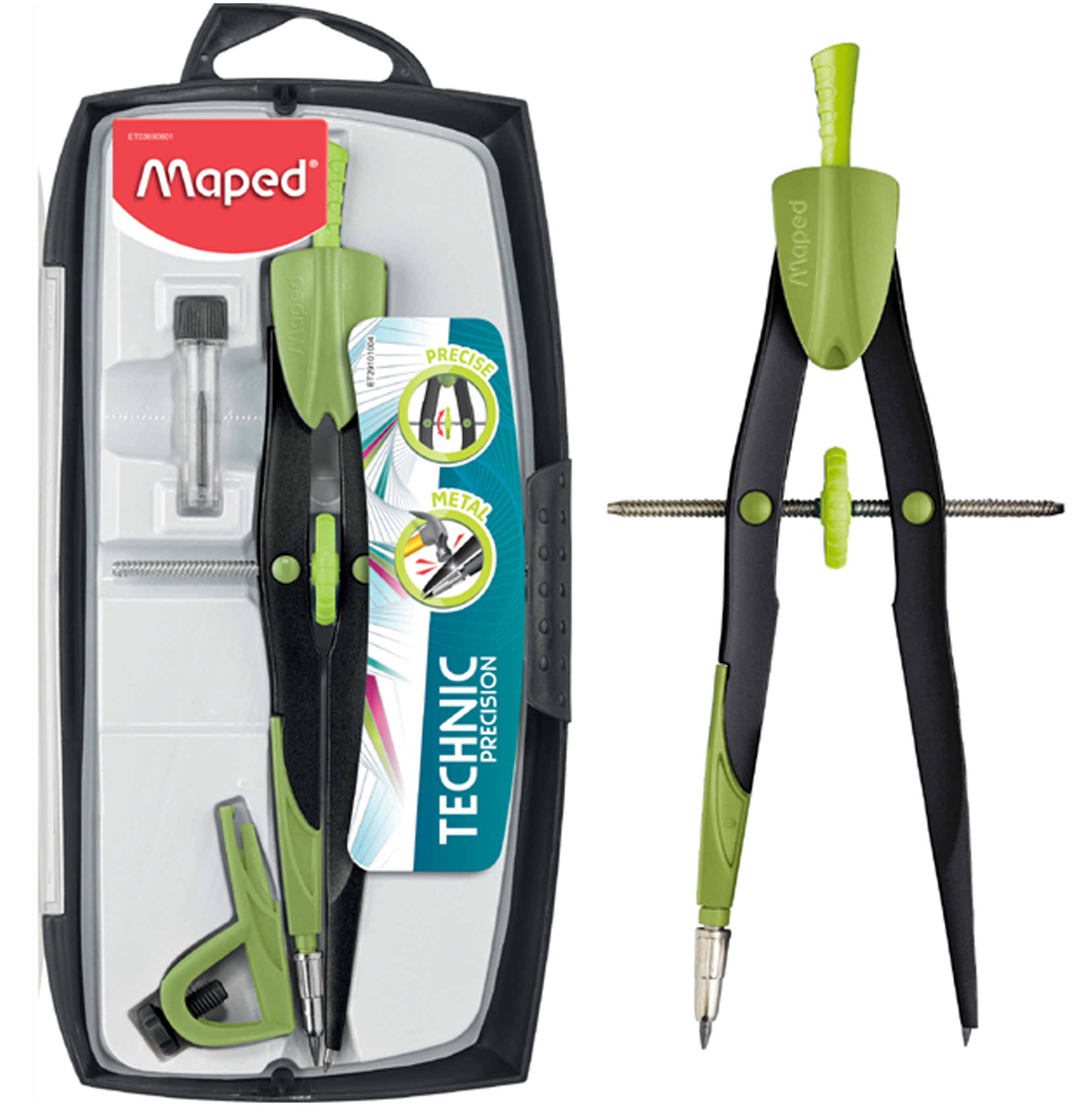 Coffret compas Technic Precision, 3 pièces, vert