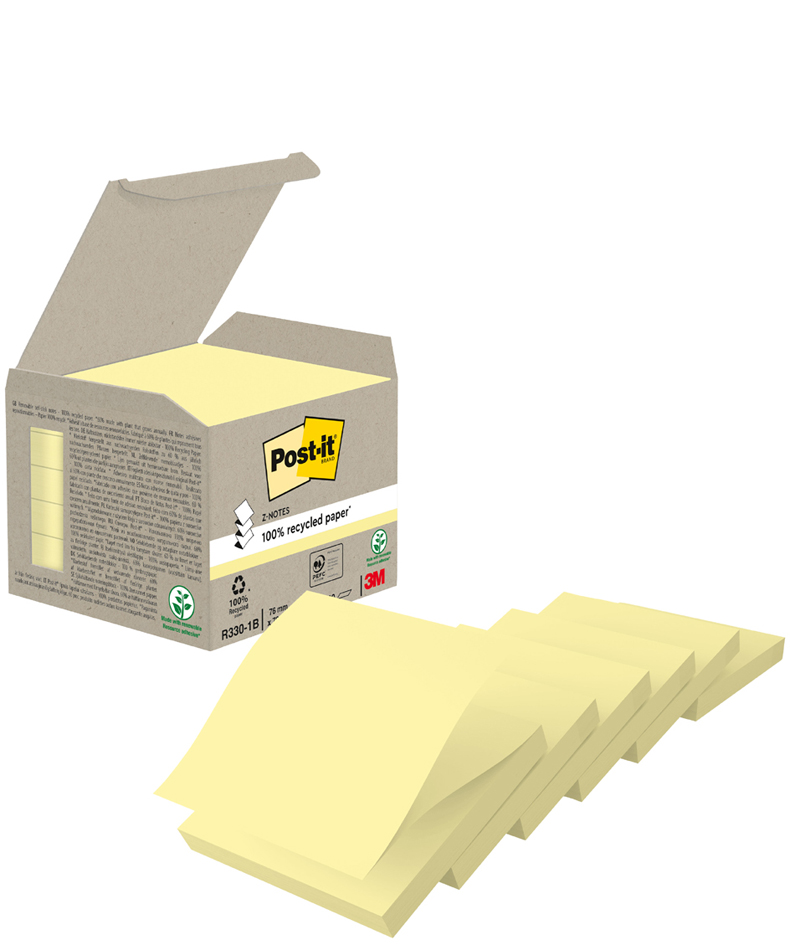 Post-it Bloc-note adhésif Recycling z-notes, 76x76 mm, jaune