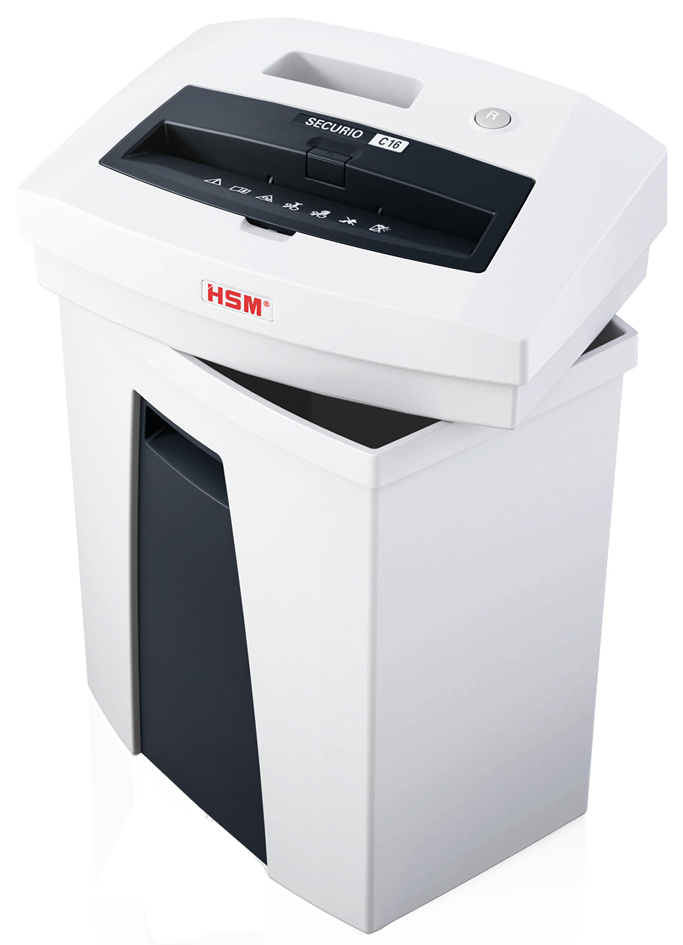 HSM Destructeur de documents SECURIO C16, coupe particules particules 4 x 25 10 - 12 feuilles P-4 / T-4 / E-3 / F-1 25 litres blanc fiche Euro