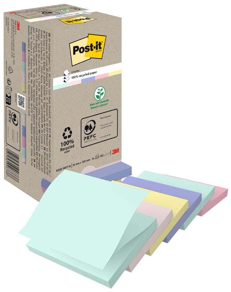 Post-it Bloc-notes Recycling z-notes, 76 x 76 mm, coloré