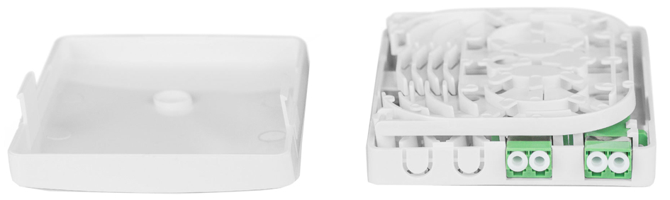 Boîtier FTTH avec 2x LC / APC DX femelle, vue de détail