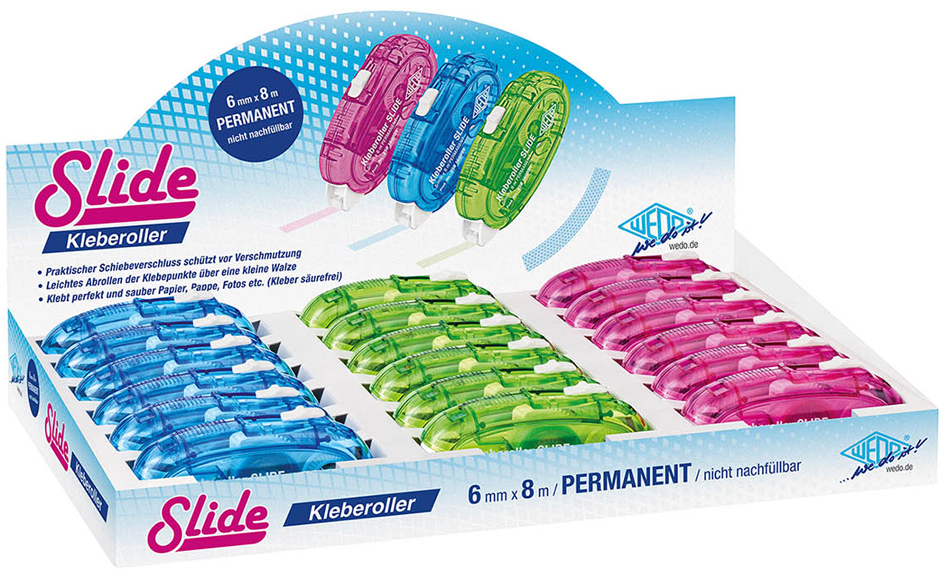 WEDO Roller de colle SLIDE, 6 mm x 8 m, présentoir de 18