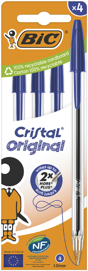 BIC Stylo à bille Cristal Original, boîte carton de 4, bleu