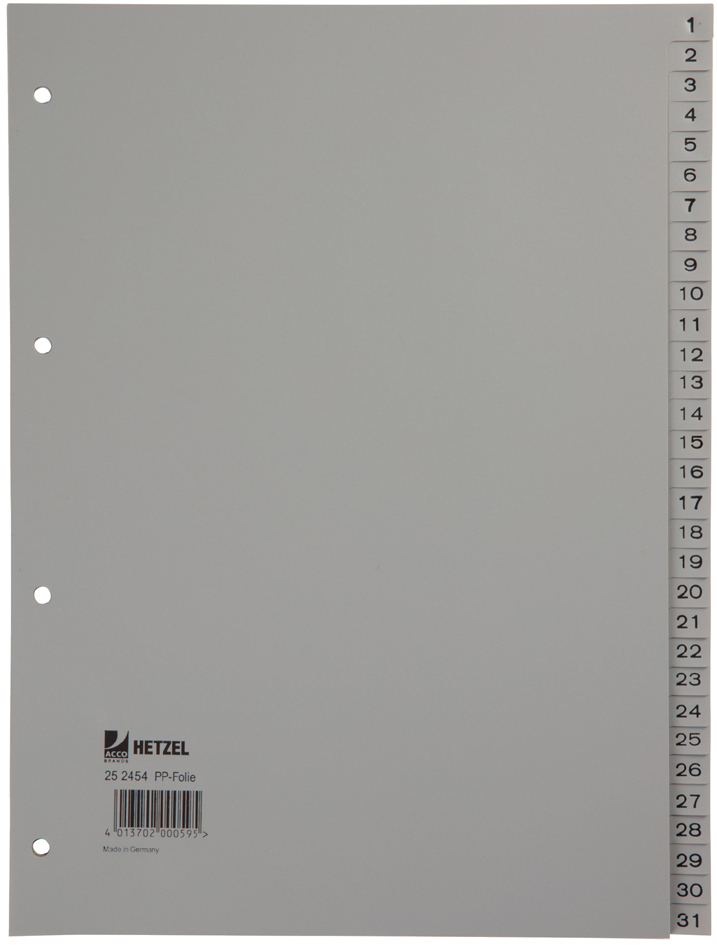 HETZEL Intercalaires en plastique, chiffres, A4, 1-31, PP