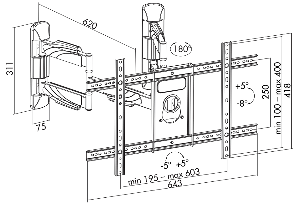 Support mural de coin pour TV - dimensions