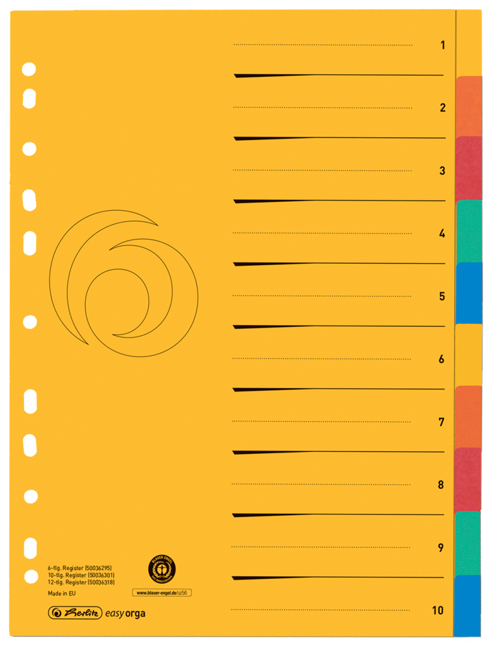 herlitz Intercalaire carton, A4 extra large, 10 touches, uni