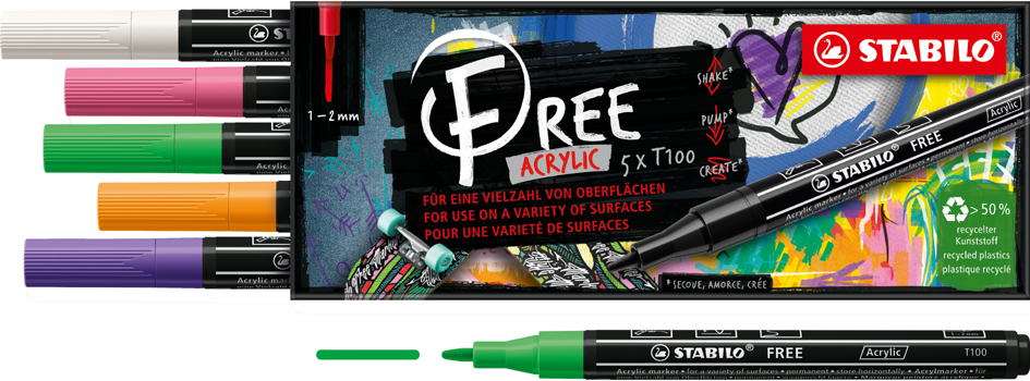 STABILO Marqueur acrylique FREE T100, set de 5 'Spring'