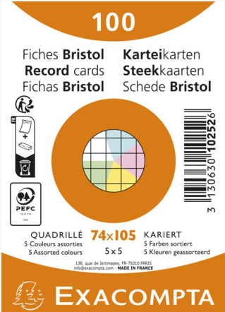 EXACOMPTA Fiches bristol, A7, quadrillé, assorti