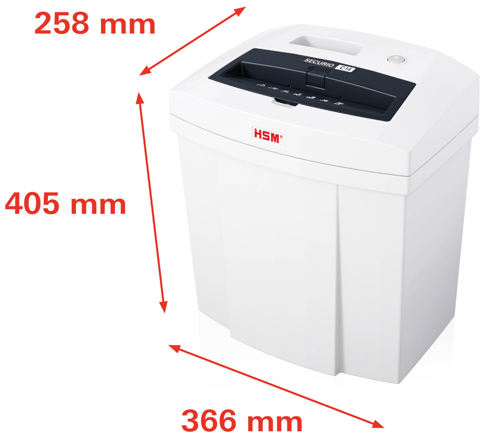 HSM Destructeur de documents SECURIO C14, coupe particules particules 4 x 25 5 - 6 feuilles P-4 / T-4 / E-3 / F-1 20 litres blanc fiche Euro