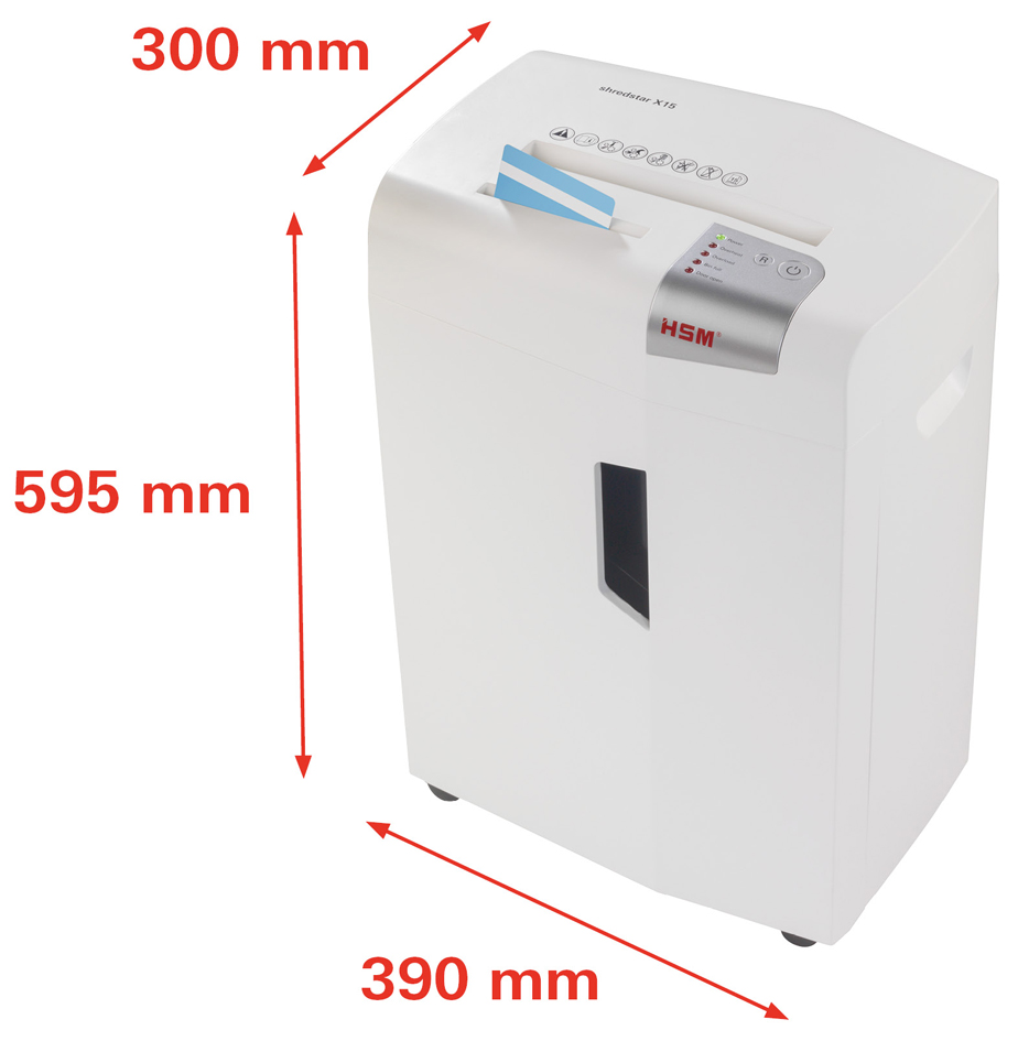 HSM Destructeur de documents shedstar X15, coupe particules: particules 4 x 37 15 feuilles P-4/O-1/T-2/E-2/F-1 26 litres blanc / argent fiche Euro