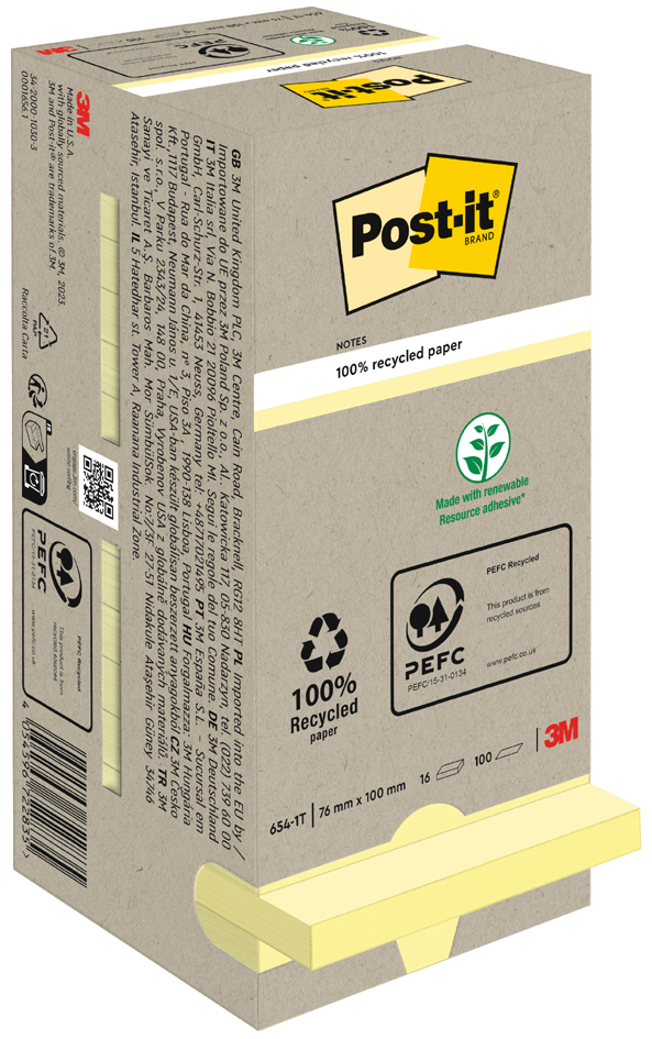 Post-it Bloc-note adhésif Recycling notes, 76 x 76 mm, jaune