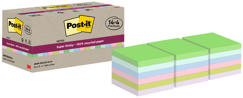 Bloc-notes adhésif super sticky Recycling notes, 76 x 76 mm (pack économique)