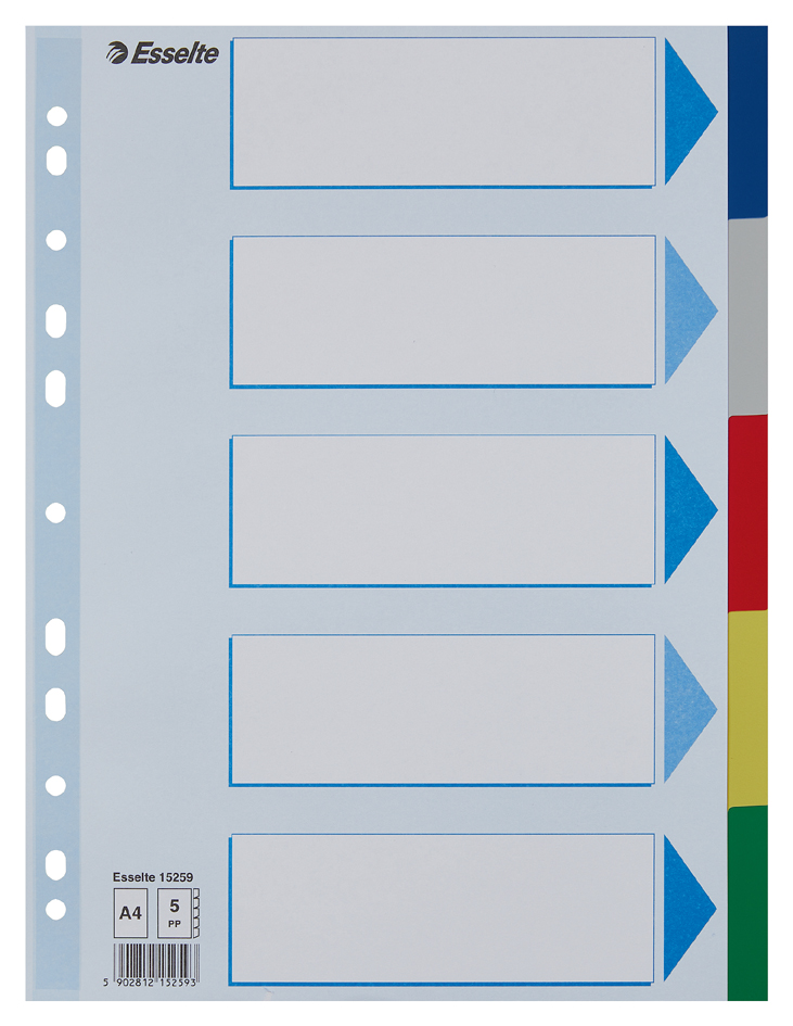 Esselte Intercalaires en plastique, uni, A4, PP, 5 touches