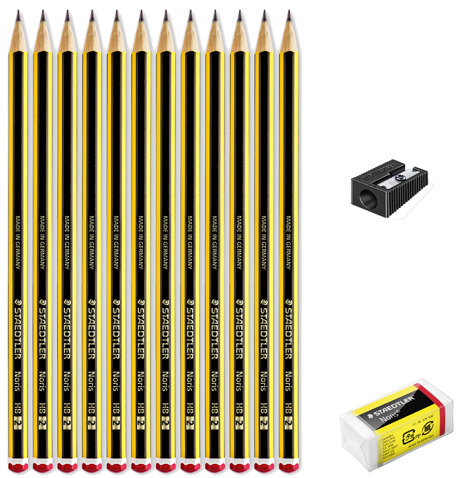 Crayon graphite Noris, pack promo de 12 + gomme & taille-crayons