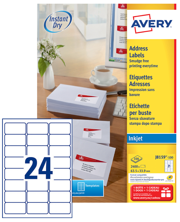 AVERY Etiquette d'adresse jet d'encre, 63,5 x 33,9 mm, blanc