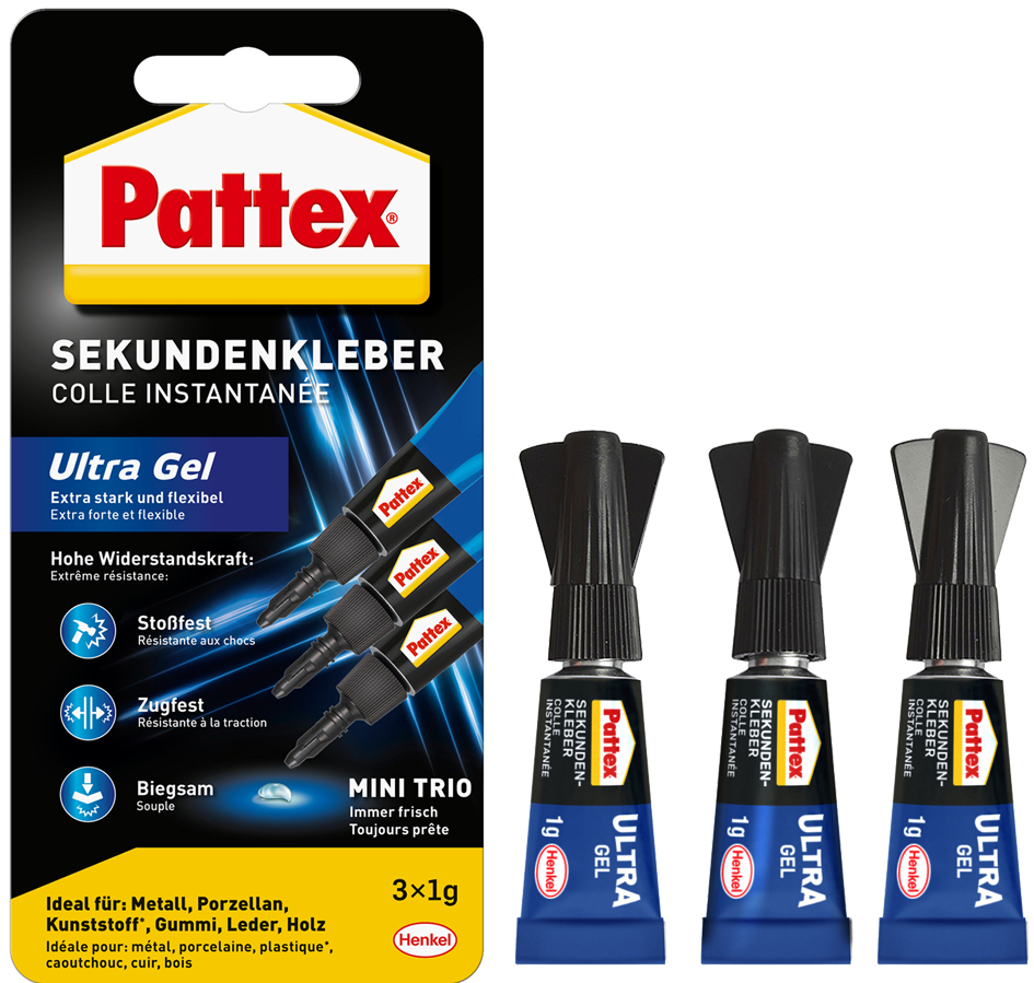 Pattex Colle instantanée Ultra Gel MINI Trio, 3 tube de 1 g