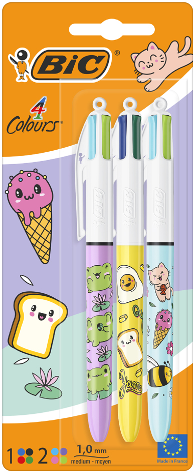 Stylo à bille rétractable 4 Colours kawaii, blister de 3