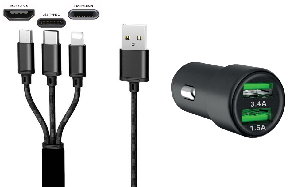 Chargeur USB pour voiture "3-en-1", double
