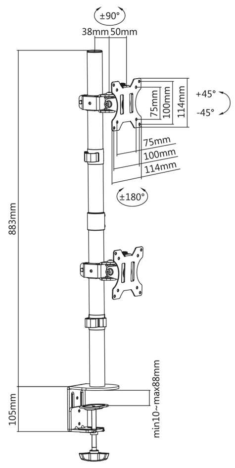 DIGITUS Support double écran universel, vertical, noir jusqu'à 32' (81,28 cm) 8 kg noir mat