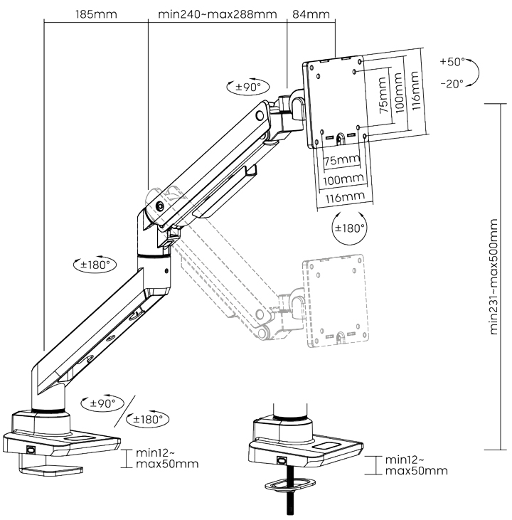 Bras support pour écran en aluminium, longueur du bras: 473 mm - dimensions
