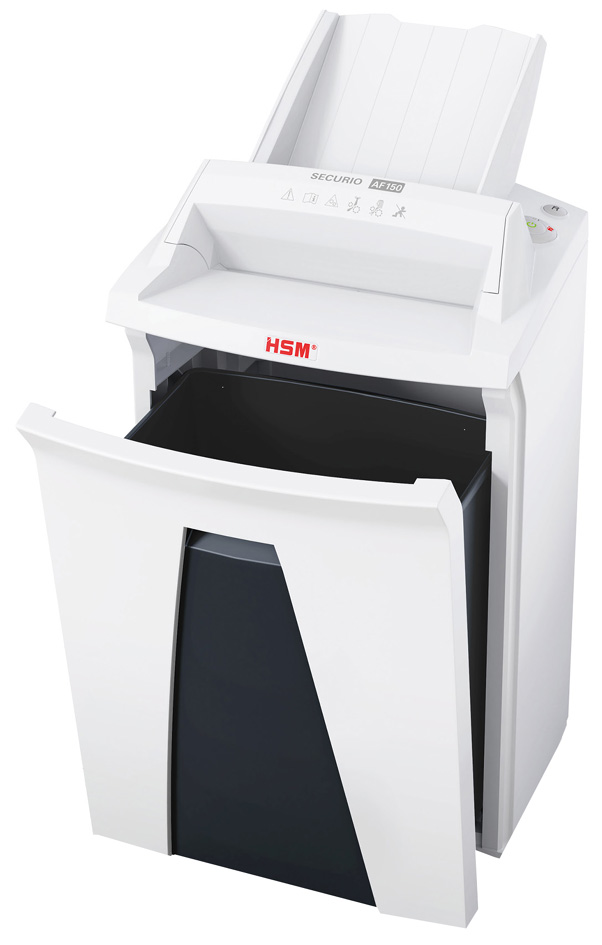 HSM Destructeur de documents SECURIO AF150, 0,78 x 11 mm, particules 0,78 x 11 5 feuilles P-6 / F-3 34 litres blanc fiche Euro