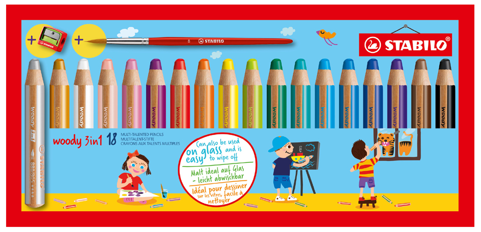 STABILO Crayon multi-talents woody 3 en 1, étui carton de 18
