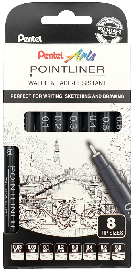 Pentel Feutre technique permanent Pointliner, set de 8, noir