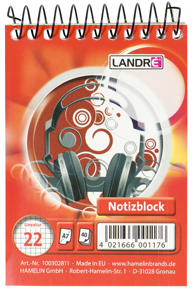 LANDRÉ bloc-notes à spirale, format A7, 40 feuilles,