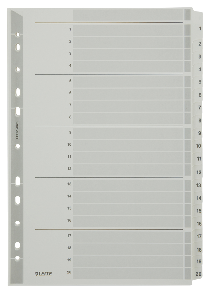 LEITZ Intercalaires en carton mylar, chiffres ,A4, 1-20,gris