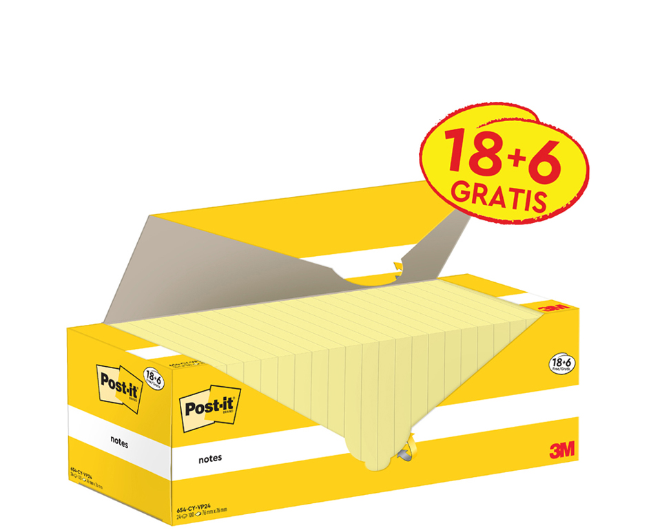 Post-it Bloc-notes adhésif, 76 x 76 mm, jaune, 18+6 gratuits