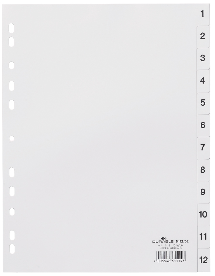 DURABLE Intercalaires en plastique, numérique, A4,12 touches